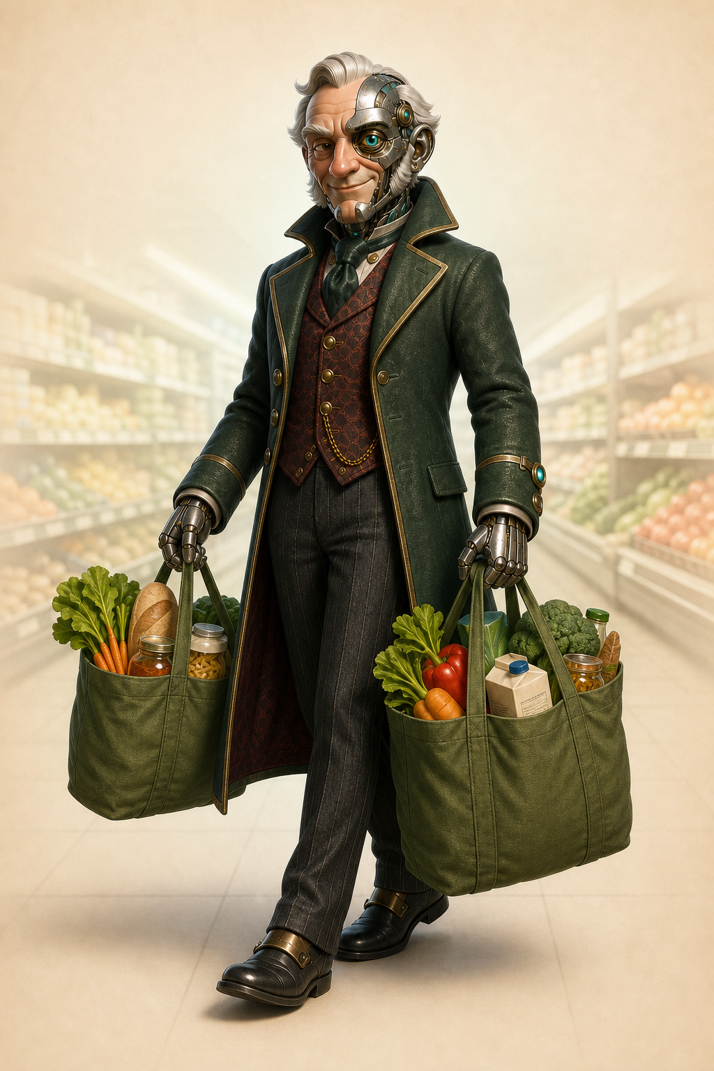 Cyborg Scrooge carrying grocery bags